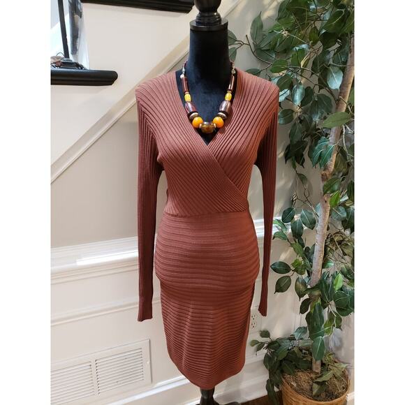 Forever 21 Fit & Flare Dress Women's Size OX Brown Rayon Ribbed Knit Long Sleeve - Picture 2 of 13